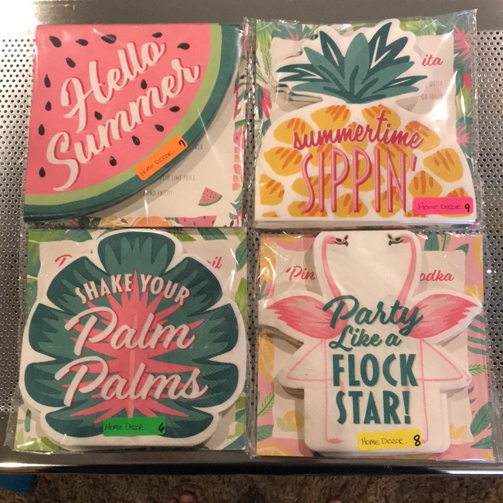 Assortment of tropical themed cocktail party napkins.